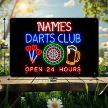 1 件定制金属墙饰 - 复古飞镖俱乐部装饰，霓虹风格飞镖、啤酒杯和飞镖靶图案 - 8 英寸 x 12 英寸（20 x 30 厘米）个性化家庭酒吧、游戏室、酒馆墙面装饰 - 金属标牌，夏末主题，时尚设计 - 多色1 - 查看 2