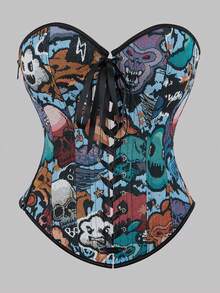 Women's New Halloween Skeleton Corset Bustier, Fishbone Jacquard Padded Shaping Crop Top, Sexy Fashion Waist Trainer - Blue - View 1