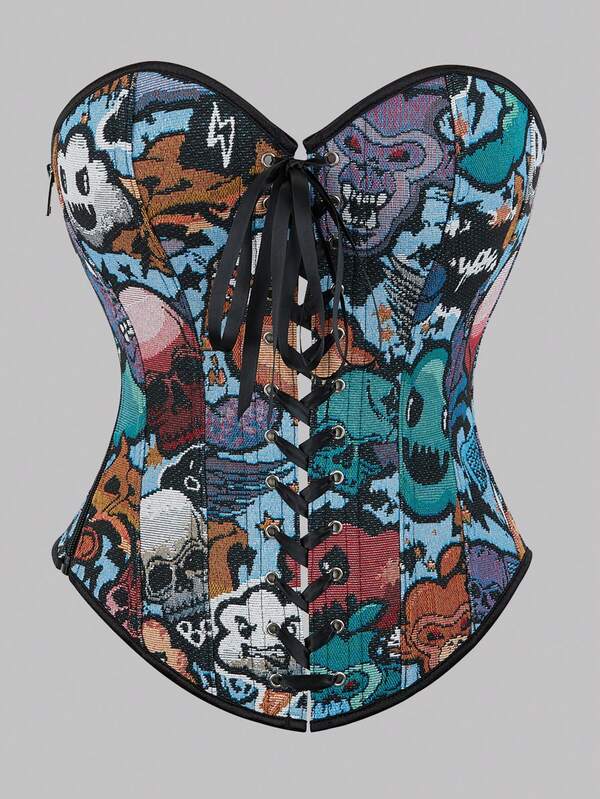 Women's New Halloween Skeleton Corset Bustier, Fishbone Jacquard Padded Shaping Crop Top, Sexy Fashion Waist Trainer