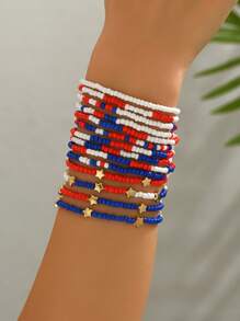 14 pièces/set Bracelets en perles avec étoiles rouges, blanches et bleues pour le 4 juillet, convenant aux déplacements quotidiens des femmes et assortis aux festivals