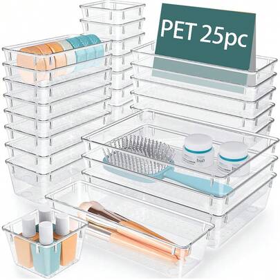 25 Piece PET Transparent Plastic Drawer Storage Box Set With Built-In Compartments, Used For Cabinets, Cosmetics And Tableware Storage Boxes, Household Room Supplies, And Office Supplies