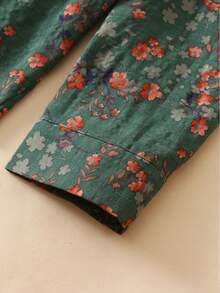 Women's Ditsy Floral Long Sleeve Casual Polo Collar Shirt, Versatile Office, Fall For Women, Olive Green - Green - View 8