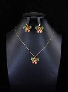 oudina 3pcs Colorful Cubic Zirconia Butterfly Jewelry Set, Suitable For Women's Everyday Wear