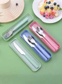 Portable Stainless Steel Travel Cutlery Set With Knife, Fork, Spoon, And Storage Case - Perfect For Office, School, Picnics, Camping, And Outdoor Activities