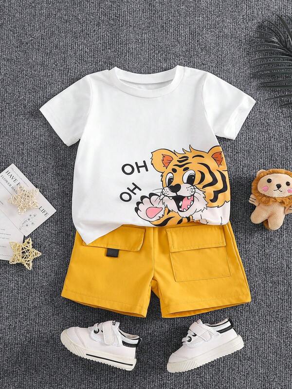 2pcs Set Toddler Boys Casual Cartoon Tiger Print Round Neck T-Shirt And Shorts Outfit, Summer
