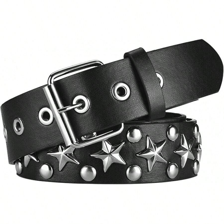 Studded Belt, Metal Punk Rivet Belt With Bright Studs Women And Men - 1-black Star - View 1