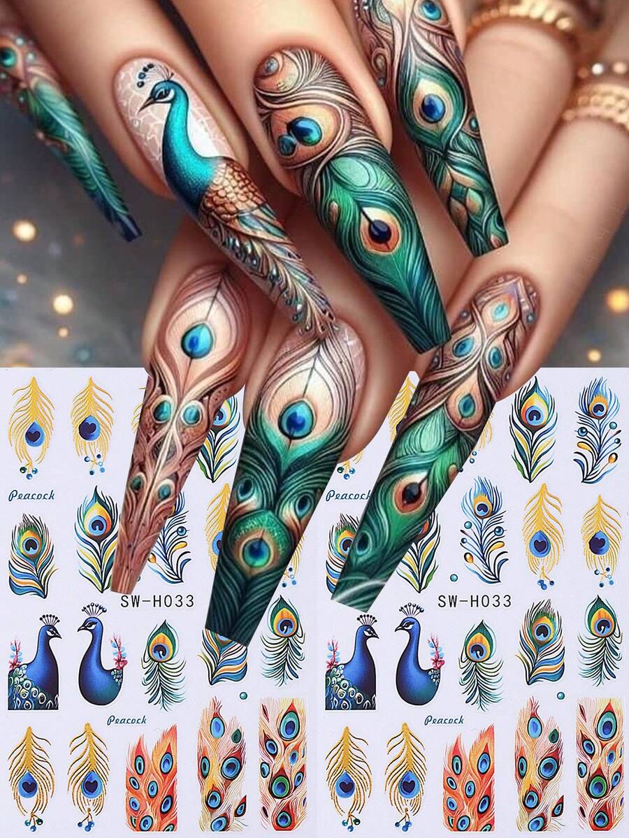 2 pièces Autocollants d'art pour ongles 3D élégants avec plumes de paon, décalcomanies de paon vert et or de luxe. Décalcomanies adhésives pour ongles DIY, décoration d'ongles pour femmes, fournitures pour ongles - Multicolore - Voir 1