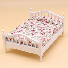 1pc Miniature European Style Wooden & Fabric Doll House Bedroom Furniture Set, Double Bed & Nightstand, Suitable For Doll House Play, Birthday Gifts, Christmas Gifts