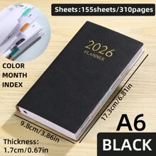 1pc A6 Size 2026 English Planner Book, 155 Sheets/310 Pages Daily Planner, Covering Jan 2026 To Dec 2026, PU Leather Soft Cover Notebook, Color Side Month Index, Applicable For Holiday Gifts, Birthday, And Daily Life Recording, School Supplies, Back To School