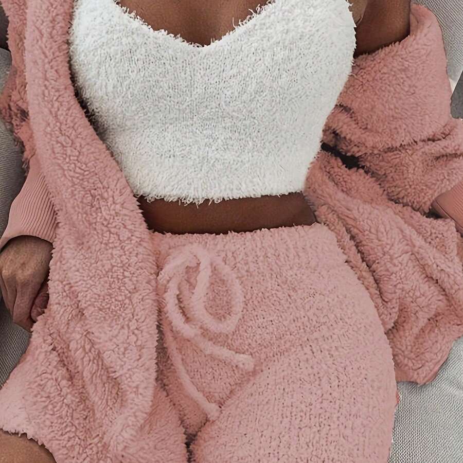 3pcs Womens Clothing Long Sleeve Crop Tank Top And Drawstring Shorts Pajama Set - Pink Color - View 1
