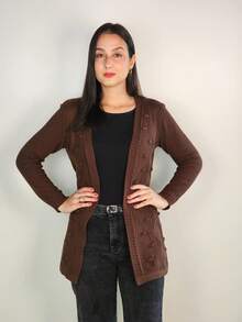 Polka Dot Knitted Cardigan - Coffee Brown - View 3