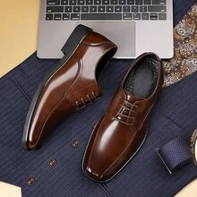 Herren einfarbige Quadratzehenspitze Schnürderbys, elegante Geschäfts-/Hochzeit Anzugschuhe, atmungsaktiv schwarz/braun, Sommer - Braun - Übersicht 7