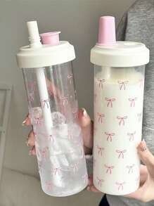 1pc Cute Pink Bow Water Bottle, Reusable With Lid And Straw Cup, Travel And Outdoor Cup, Gym And Sports Bottle, Flat Bottomed Cup, Car Cup, Holiday Gift