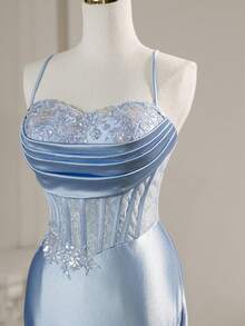 Elisanya Váy dạ hội dài xếp ly xương cá dành cho nữ, trang trọng thanh lịch, dự tiệc cưới, tiệc tối, tốt nghiệp, lễ hội, dạ hội, đám cưới - Màu xanh nhạt - Xem 2