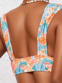 Women's Sexy Deep V-Neck Sea Shell Printed Bikini Top & High Waist Slimming Triangle Bottom Bikini Set Set, Suitable For Beach Holiday