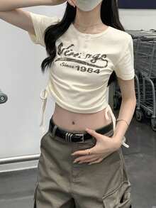 Summer Korean Style Fitted Letter Print Drawstring Button Design Short Sleeve T-Shirt