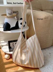 Collegiate Style Light Green Stripe Shoulder Bag For Women, Minimalist Casual Tote Bag, Lightweight Canvas Commuter Bag