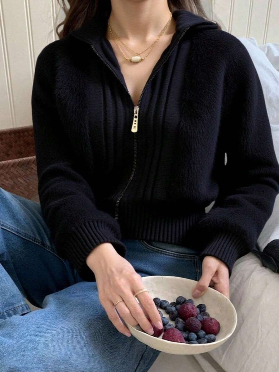 Zalla Women's Knitted Blouse With Front Zipper And Differentiated Texture, Korean Cropped Style - màu đen - Xem 1