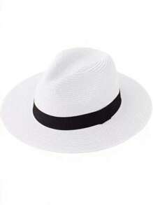 1 pièce Chapeau de paille panama à large bord unisexe, chapeau de plage, chapeau de soleil, chapeau habillé, chapeau fedora