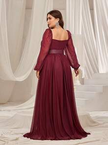 Elegantes A-Linien Partykleid mit Quadratausschnitt, Ballonärmeln und Gürtel für Damen in Große Größen, geeignet für Galas, Hochzeiten, Proms, rote Teppich Events und hochwertige Bankette - Bordeaux - Übersicht 2
