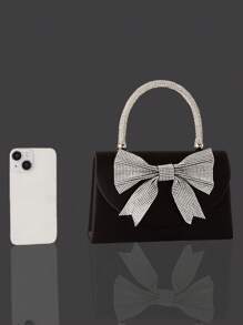 Bolso de mano con broche de lazo y cristales, elegante bolso de mano con cristales para bodas y fiestas, bolso de fiesta elegante para damas, set de 3 piezas con colgante de cristales brillantes: collar, aretes y pulsera, ideal para fiestas, bailes de graduación, bodas y cenas.