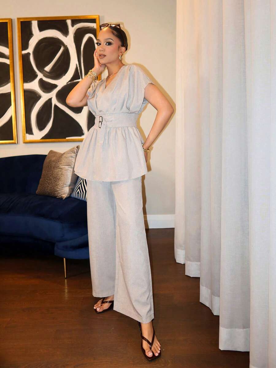 Melissa Matos Set elegant minimalist, elegant, din fibră de bambus, cu decolteu în V, cu talie strânsă și pantaloni cu talie înaltă și croială dreaptă, pentru birou, casual, de vară