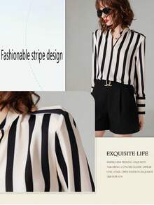 夏季女装初秋竖条纹女衬衫小立领V领长袖衫时尚优雅法式女装通勤上衣 - 黑與白 - 查看 3