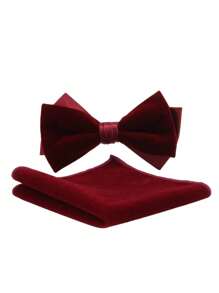 Men's Cotton Velvet Bowknot & Pocket Square Matching Set - Solid Color Formal Wedding Party Accessories