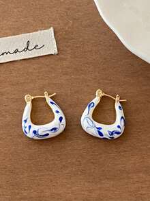 2 件复古油滴蓝白花耳环，时尚设计珐琅耳环，女士适用