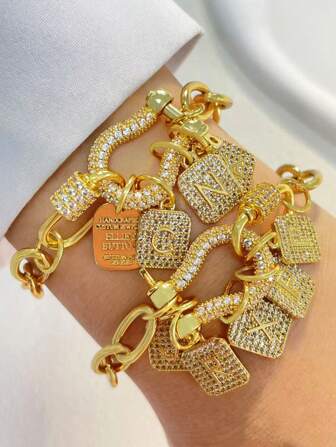 STYLEVER 1pc Horseshoe Double Button Bracelet,A-Z Full Diamond Letter Pendant Bracelet, 26 Initial Letter Chain, Stainless Steel Chain Jewelry,Holiday Gift ,A Jewelry Gift