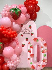 带草莓贴纸的 0-9 数字铝箔气球 - 生日派对装饰、公主主题、庆典用品、派对家居装饰、生日派对装饰 | 草莓主题装饰 | 气球、生日派对装饰