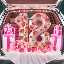 带草莓贴纸的 0-9 数字铝箔气球 - 生日派对装饰、公主主题、庆典用品、派对家居装饰、生日派对装饰 | 草莓主题装饰 | 气球、生日派对装饰