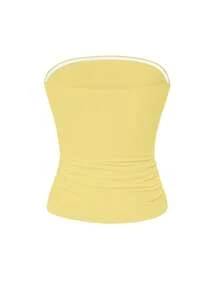 Camiseta básica sin tirantes elástica y ajustada de unicolor para mujer, apta para las cuatro estaciones, camiseta sin tirantes básica de primavera y verano, camiseta de moda - Amarillo - Ver 4