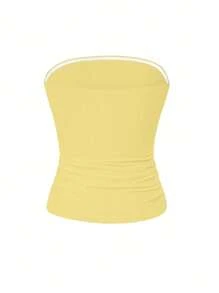 Camiseta sin tirantes básica de ajuste elástico y ceñido de color amarillo mantequilla para uso en todas las estaciones, diseño de moda de verano para el 4 de julio