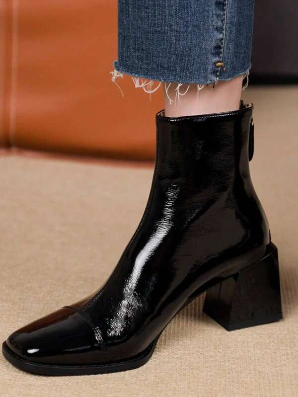 Damskie nowe skórzane krótkie botki w stylu vintage, eleganckie beżowe grube botki na obcasie, buty retro z metalowym zamkiem błyskawicznym, grube botki typu chelsea, amerykańskie krótkie botki na średnim obcasie, modne botki