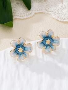 1 Pair Vintage Elegant Floral Ombre Gradient Resin Dangle Clip On Earrings, Delicate & Feminine Design, Suitable For Office Ladies, Parties, Gift For Women - Blue Ear Clip - View 6