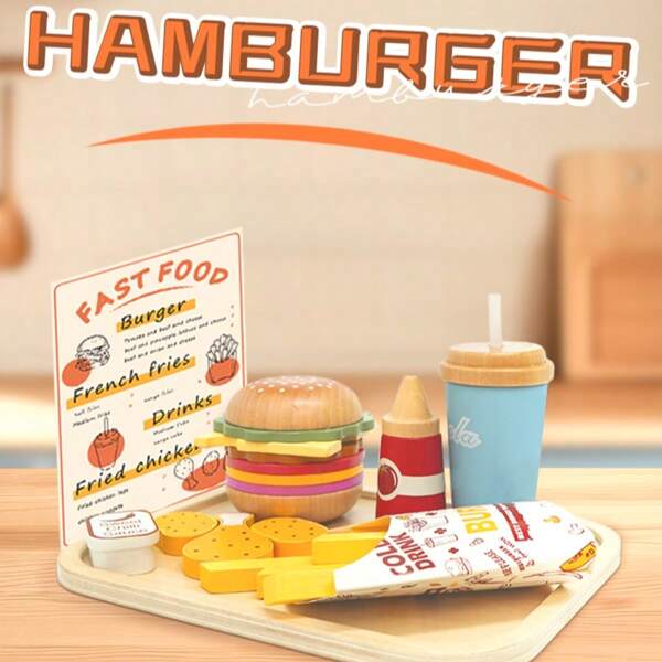Juego de hamburguesa y papas fritas de madera realista, juguete de alimentos de juego, combinación de juguete educativo de cocina para niños
