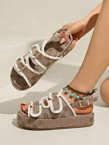 Women's Round Toe Thick Bottom Platform Wedge Slip On Open Toe Mules - Brown - View 4