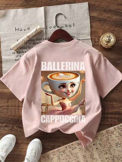 Tween Girl Casual Funny "Italian Brainrot Coffee Ballerina" Graphic Print Crew Neck Short Sleeve T-Shirt, Summer Top