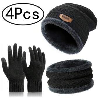 4Pcs Winter Hat Scarf Gloves Slouchy Beanie Snow Knit Skull Cap Touch Screen Mittens Circle Scarves Winter Knit Beanie Hat Neck Warmer Scarf And Touch Screen Gloves Set Thermal Lined Skull Cap For Men Winter Accessories Winter Outfits