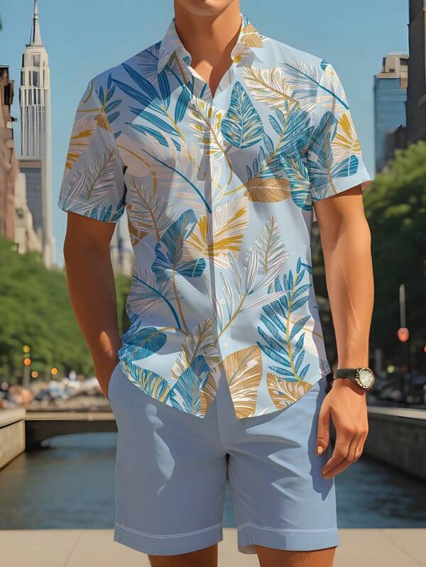 2pcs Casual Men's Hawaiian Shirt & Shorts Set, Fashionable Summer Vacation Beach Style
