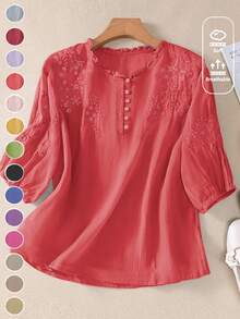 Women's Spring/Summer Viscose Embroidery Lightweight Loose Retro Mid-Sleeve Blouse - Đỏ - Xem 7