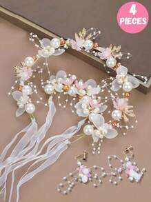 4 peças/2 peças/1 peça Conjunto de Tiara de Pérola de Liga Elegante para Meninas, Conjunto de 2 Peças de Tiara de Pérola e Pulseira de Pérola para Dama de Honra, Conjunto de Vestido de Flor de Fada para Meninas, Adequado para Apresentações, Festas, Fotografia e Danças, Tornando-o um presente ideal para meninas