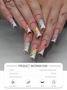 24pcs Long Square French Press On Nails | 3D Colorful Floral & Rhinestone Design | Sparkling Gem Full Cover Set Glue & File | Elegant False Nails For Women Daily Party