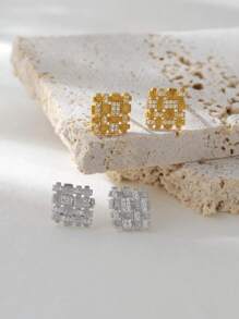 Elegant Fashionable Unique 925 Sterling Silver Gold Plated Knit Design Zirconia Square Stud Earrings For Women Daily Wear