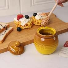 Ceramic Honey Jar With Dipper And Lid Yellow Honey Pot Container For Home Kitchen Storing Honey And Syrup Honey Pot With Dipper