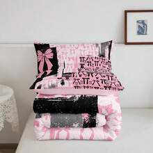 Juego de edredón tamaño king en rosa, gris y negro con lazo, para niños y niñas, conjunto de ropa de cama con diseño de lazos acuarela, 3 piezas - Negro - Ver 8