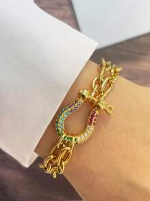 Pulseira dupla STYLEVER com fivela de ferradura dourada, cravejada com diamantes coloridos, corrente de aço inoxidável, combinada com pulseira estampada, estilo único e requintado