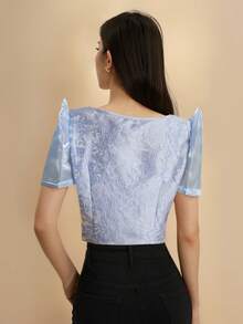 Amyenjoylife 现代菲律宾风优雅提花短袖衬衫，夏季 - 藍色 - 查看 2