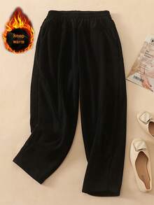 女士宽松保暖内衬弹力腰灯芯绒哈伦裤，秋冬季
